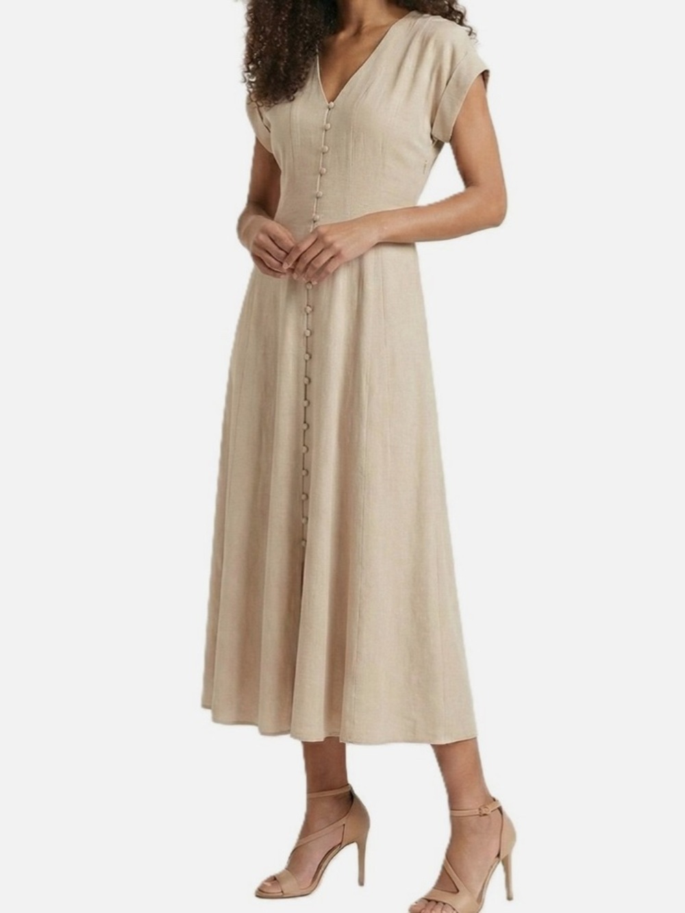 Taylor Beige Button-Front V-Neck Maxi Dress